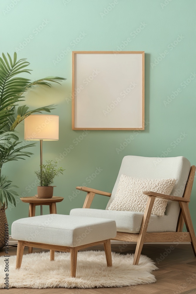 Scandinavian living room setup featuring a minimalist armchair, cozy ottoman, decorative plants, table lamp, and blank frame for personalized art display. Scandinavian living room setup featuring a minimalist armchair, cozy ottoman, decorative plants, table lamp, and blank frame for personalized art display.