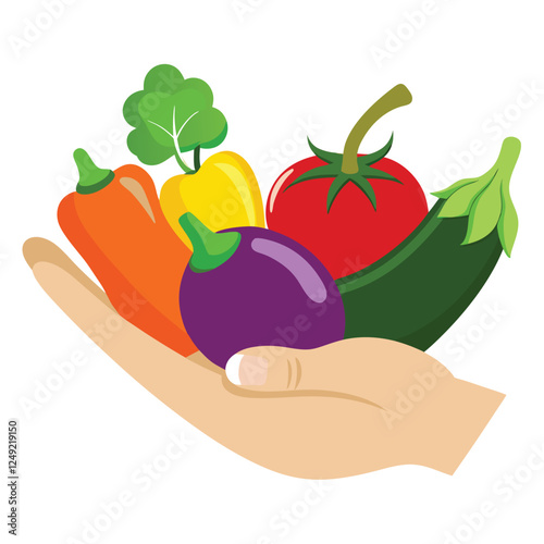 Hand Holding Fresh Vegetables: Cartoon Illustration of Healthy Eating with Tomato, Pepper, Eggplant, Zucchini, and Greens