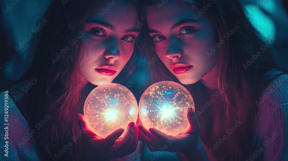 Naklejka premium A conceptual portrait of young women holding glowing orbs, representing their shared energy and bond