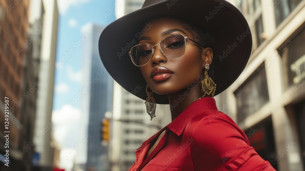 A confident African American model in a chic street-style look, striking a pose in a high-end shopping district, luxury meets urban fashion A confident African American model in a chic street-style look, striking a pose in a high-end shopping district, luxury meets urban fashion