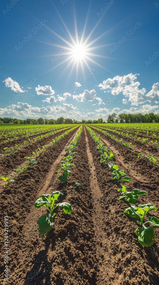 vibrant organic vegetable field under bright sun with rows of green plants vibrant organic vegetable field under bright sun with rows of green plants