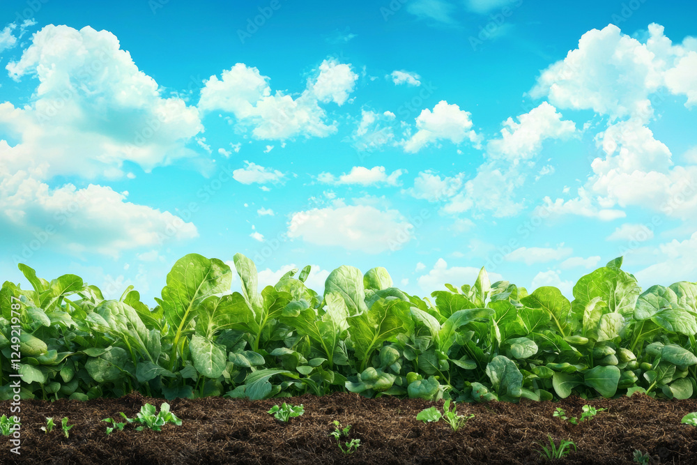 lush organic vegetable field with vibrant green leaves under bright blue sky and fluffy clouds lush organic vegetable field with vibrant green leaves under bright blue sky and fluffy clouds