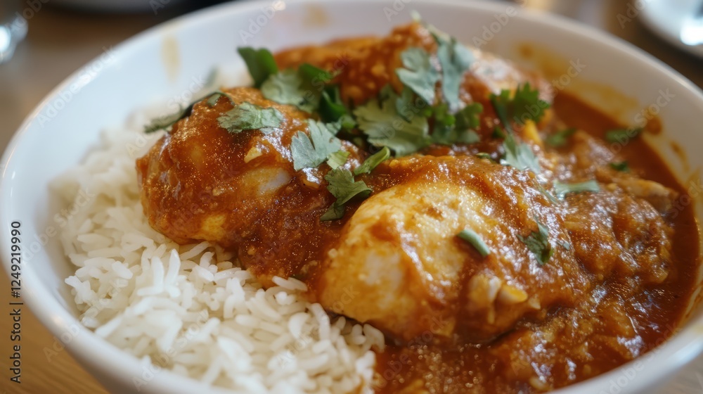 Tender chicken curry in a savory papaya sauce, paired with fluffy vermicelli rice, and garnished with fresh herbs for a vibrant, flavorful meal. Tender chicken curry in a savory papaya sauce, paired with fluffy vermicelli rice, and garnished with fresh herbs for a vibrant, flavorful meal.
