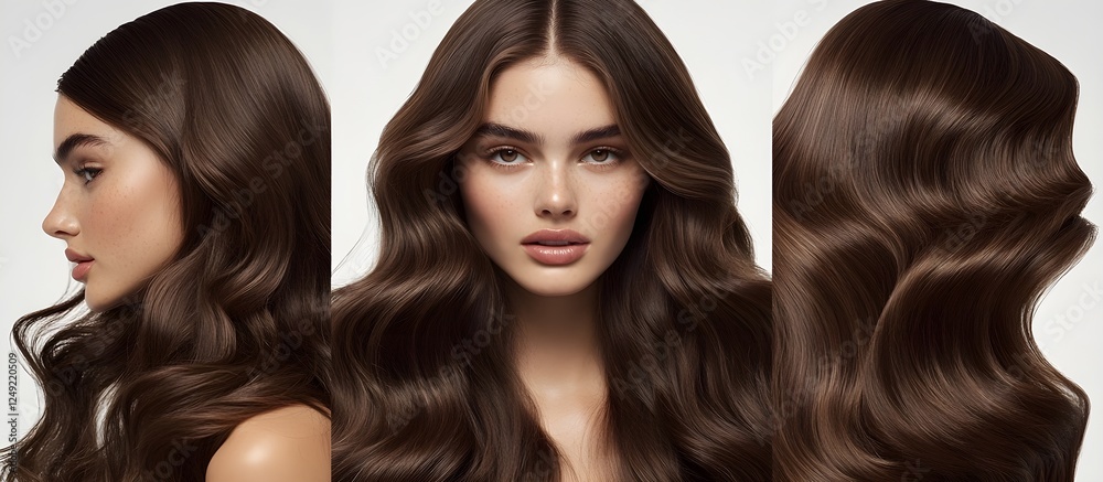 A captivating beauty portrait of a flawless model, an editorial fashion shoot. Insanely detailed photo of a beautiful woman with long hair, on a light background. Generative AI A captivating beauty portrait of a flawless model, an editorial fashion shoot. Insanely detailed photo of a beautiful woman with long hair, on a light background. Generative AI