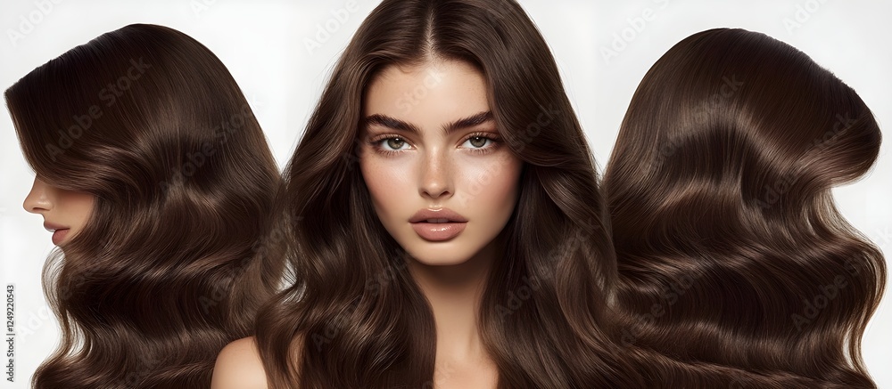 Obraz premium A captivating beauty portrait of a flawless model, an editorial fashion shoot. Insanely detailed photo of a beautiful woman with long hair, on a light background. Generative AI