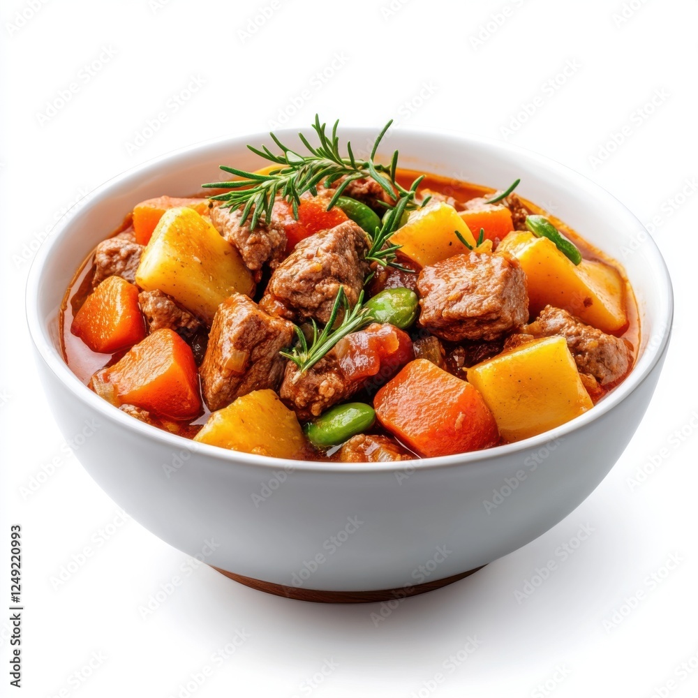 Hearty beef stew with vegetables in a white bowl garnished with fresh herbs on a clean background Hearty beef stew with vegetables in a white bowl garnished with fresh herbs on a clean background