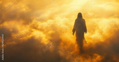 Jesus Christ Walking through Golden Clouds in a Sermon on the Mount Foretelling the End Times and Warnings of False Prophets and Tribulations