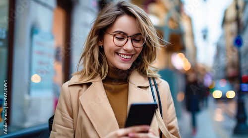young beautiful woman using smartphone at city street