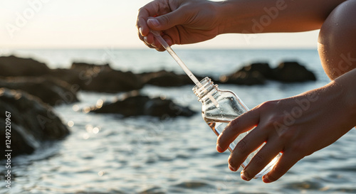 Water bottle collecting water for environment conservation under sunset
