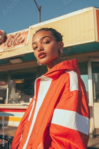 A cool streetwear model wearing a retro windbreaker, standing in front of a vintage diner, 90s fashion aesthetic