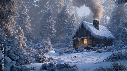 A cozy wooden cabin deep in the snowy forest, smoke rising from the chimney, a perfect winter holiday escape photo