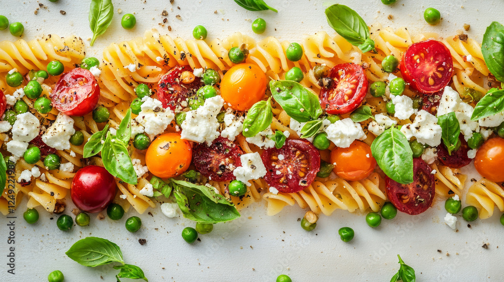 A warm and colorful whole-grain fusilli pasta salad, topped with feta cheese, cherry tomatoes, herbs, green peas, and basil, served on a white stone surface. A healthy diet dish, close-up view A warm and colorful whole-grain fusilli pasta salad, topped with feta cheese, cherry tomatoes, herbs, green peas, and basil, served on a white stone surface. A healthy diet dish, close-up view