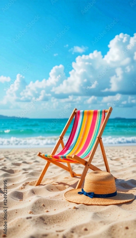 Beach chair with straw hat and deck chair on the sandy beach, Concert summer 