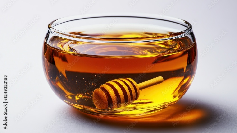 Close-Up Image of Honey in Glass Bowl with Dipper on White Background Close-Up Image of Honey in Glass Bowl with Dipper on White Background