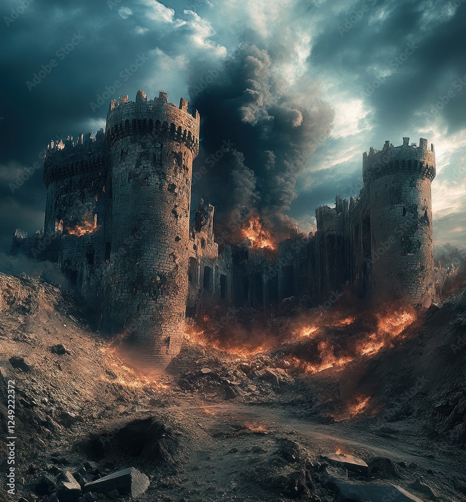 Fototapeta premium Destruction of Jericho Ancient Castle Crumbling Walls Biblical Miracle Christian Faith Battle Victory Fortress