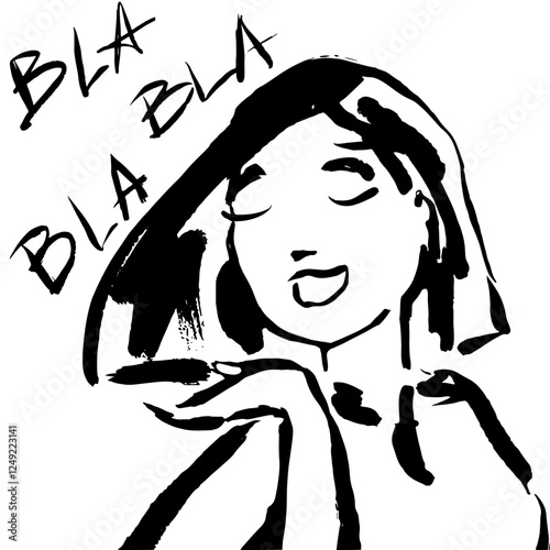 Woman with ink brush texture, hand draw. Vector graphics, isolated. Funny illustration.