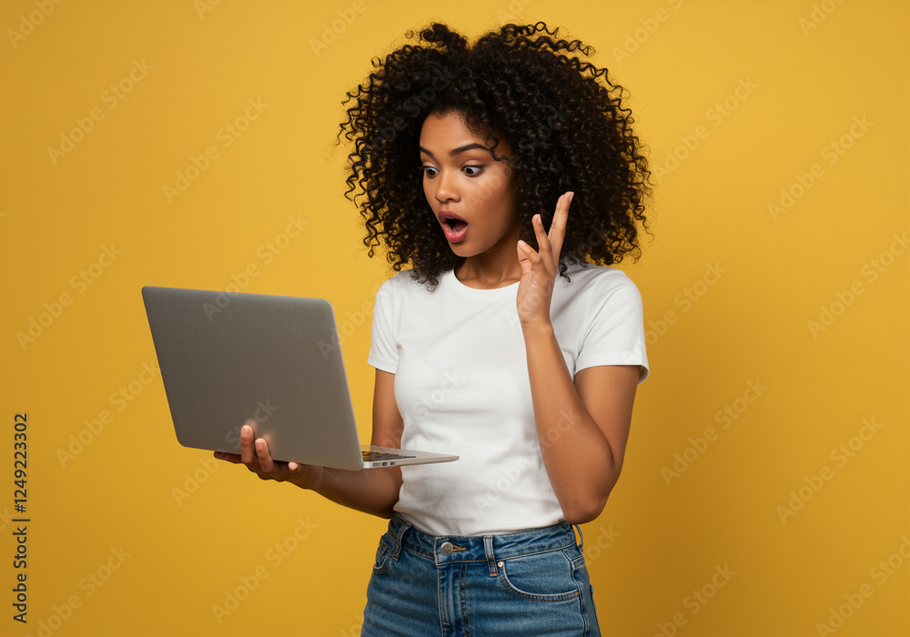 Laptop with surprised woman reaction using a computer in a casual setting Laptop with surprised woman reaction using a computer in a casual setting