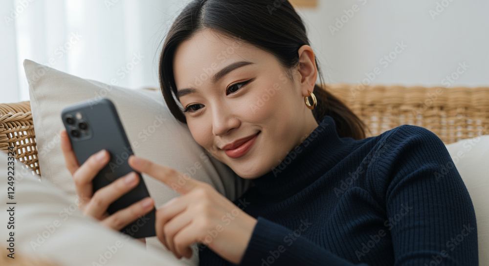 Smartphone in woman's hand while relaxing at home modern lifestyle enjoying technology Smartphone in woman's hand while relaxing at home modern lifestyle enjoying technology