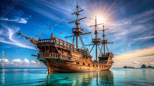 Vintage Wooden Pirate Ship Sailing on Calm Sea - Isolated Background Stock Photo