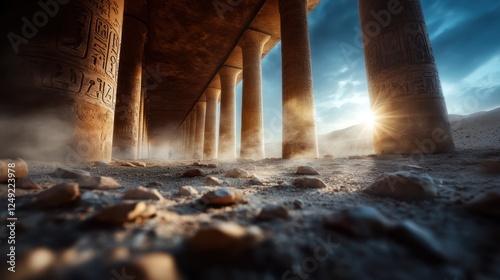 Beautifully captured ancient ruins where dramatic lighting enhances the intricate carvings and grand structure, evoking a sense of history and grandeur in the desert. photo