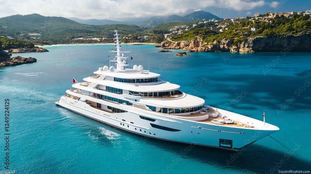 Fototapeta premium Majestic Large White Boat Anchored Gracefully on Tranquil Waters Surrounded by Lush Greenery and Clear Blue Skies Evoking a Sense of Peaceful Serenity and Natural Beauty in Coastal Setting