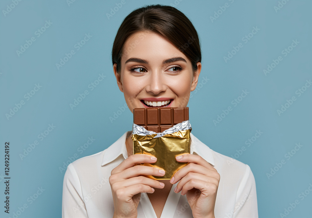 Chocolate bar held by smiling woman with golden wrapper ready to eat delightfully tasty treat Chocolate bar held by smiling woman with golden wrapper ready to eat delightfully tasty treat