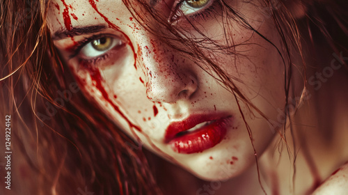Woman with blood on her face illustrating a dramatic and intense emotional moment