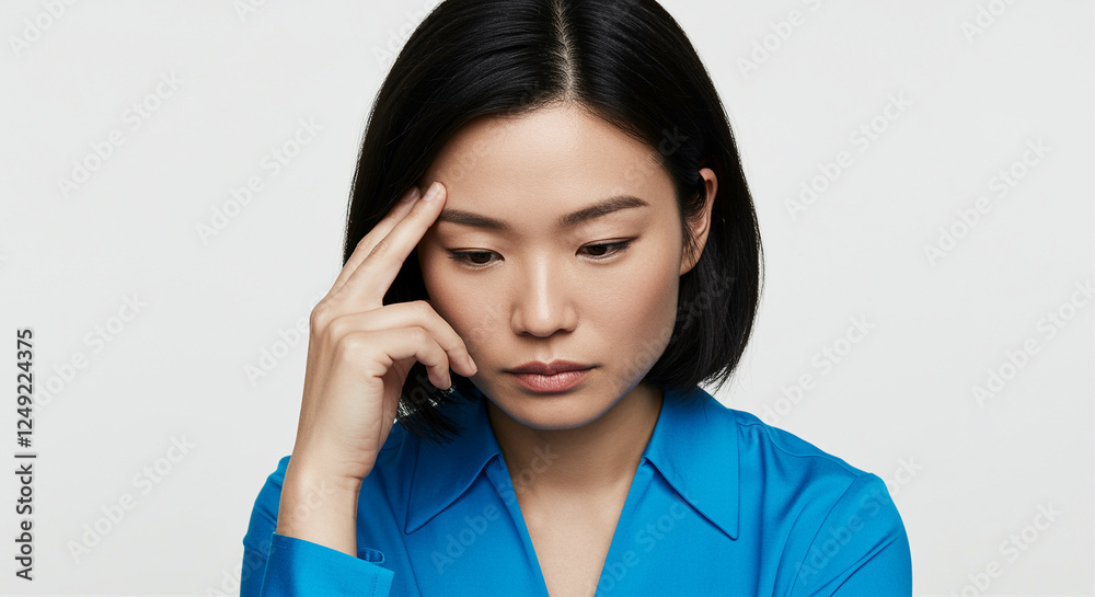 Thoughtful woman expressing emotions while pondering in blue shirt Thoughtful woman expressing emotions while pondering in blue shirt
