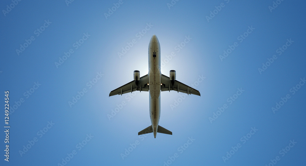 Airplane flying in clear blue sky above with sunlight shining around wings Airplane flying in clear blue sky above with sunlight shining around wings