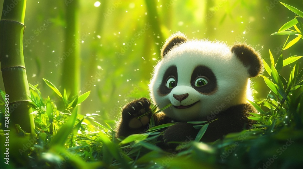 Cute panda cub eating bamboo in sun-dappled forest