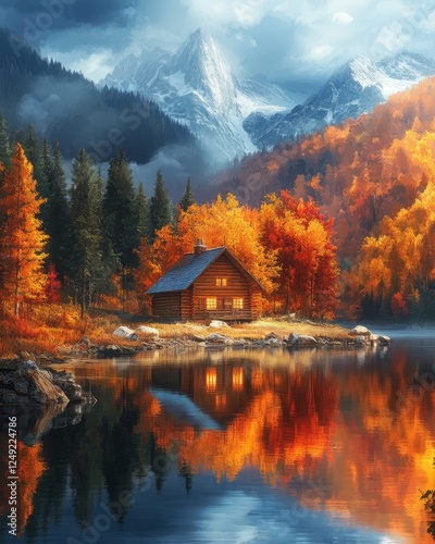 Autumn cabin by lake, mountains reflect, serene landscape photo