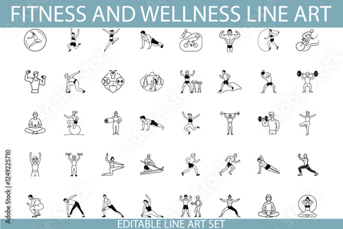Fitness Wellness Line Art Icons Exercise, Workout, Yoga, Gym