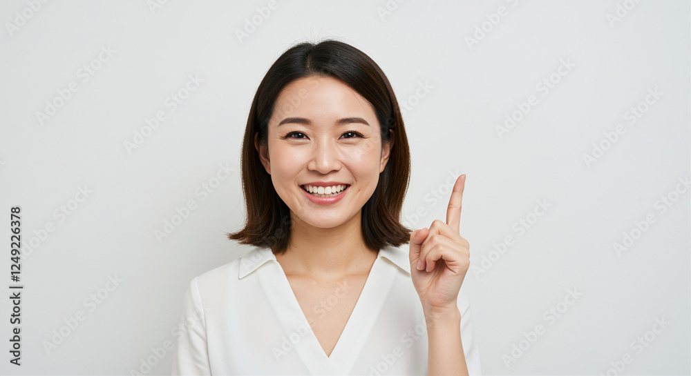 Smiling woman with happy face pointing up in a bright setting Smiling woman with happy face pointing up in a bright setting
