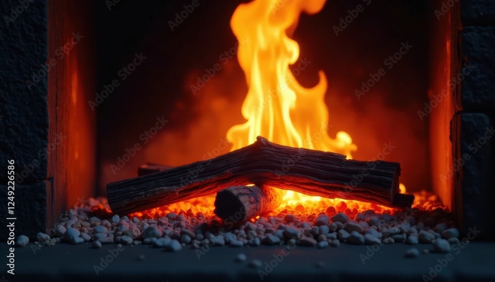 Obraz premium Bright orange embers in dark fireplace, smoky atmosphere, intense, shadow, heat