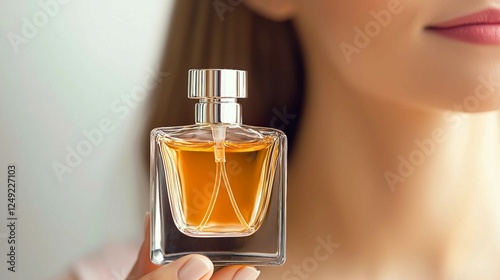 Elegant Woman Holding Perfume Bottle Close Up Image