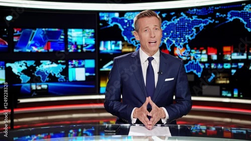 Professional news anchor delivering breaking news from sleek, high tech studio, surrounded by digital screens showing global maps and dynamic news feeds