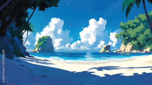 Serene Tropical Beach with Palm Trees and Turquoise Water Illustration