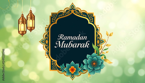 Festive Ramadan Mubarak Greeting Card Design with Golden Lanterns and Flowers.
