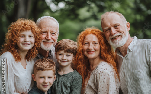 Portrait of two senior brothers with their families. A beautiful red-haired woman with her husband, his brother and four children.