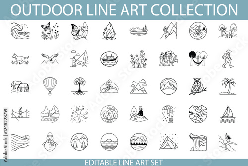Editable Outdoor Line Art Collection Nature, Travel, Adventure Icons