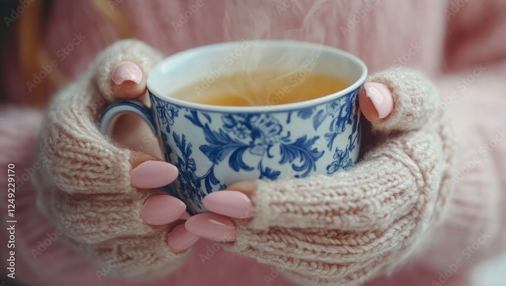 Cozy Winter Moment: Warm Tea in Knitted Gloves Cozy Winter Moment: Warm Tea in Knitted Gloves