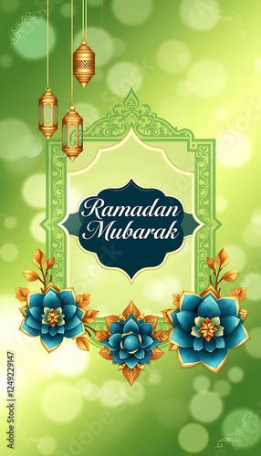 Festive Ramadan Mubarak Greeting Card Design with Golden Lanterns and Flowers.