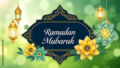 Festive Ramadan Mubarak Greeting Card Design with Golden Lanterns and Flowers.