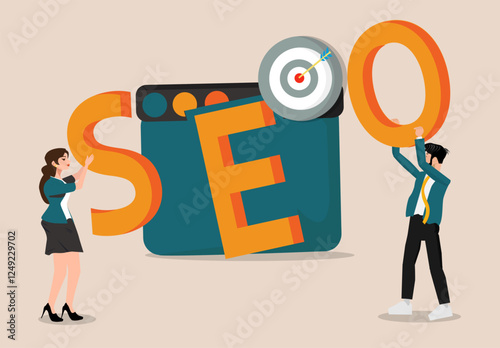 SEO Concept. Search engine optimization ideas for websites. a man and a woman holding SEO letters vector illustration