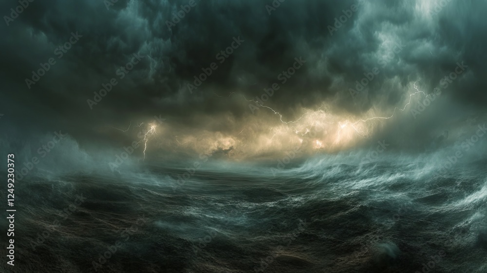 Dramatic Ocean Storm with Brilliant Lightning Strikes Illuminating Dark Thunderclouds and Turbulent Waves Creating a Powerful and Intense Natural Scene of Raw Elemental Energy and Beauty