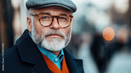 An elderly man wearing an orange sweater and stylish coat poses confidently against a blurred backdrop, exuding sophistication and charisma in urban surroundings. photo