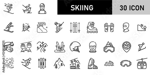 Minimalist Skiing Icon Pack | 30 Outline Vector Icons, Editable stroke. 