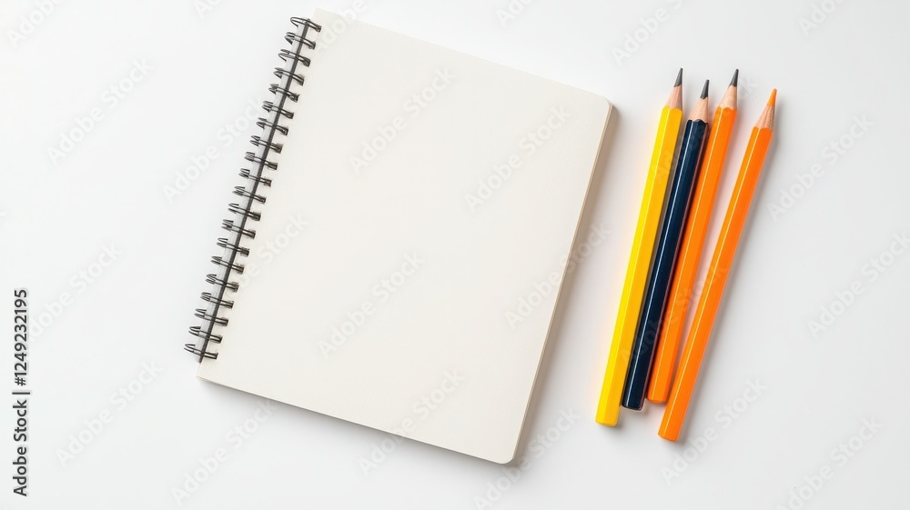 Blank notebook with colored pencils on a white isolated background. Blank notebook with colored pencils on a white isolated background.