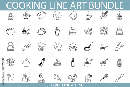 Editable Cooking Line Art Bundle Food, Kitchen, Utensils, Recipes