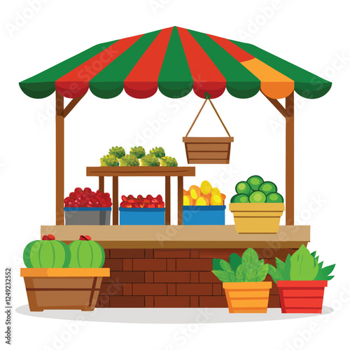 Colorful Farmers Market Stand Vector Illustration: Fresh Produce, Fruits, Vegetables, Striped Awning, Cute Cartoon Style Design